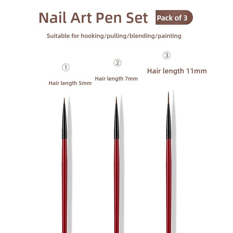 3Pcs Nail Art Liner Painting Brush, Thin Stripe Line Drawing Pen, Nail Liner Striping Brush, Nail Brush for Drawing Nail Art Design, DIY Brush Manicure Tool, Red - Image 2